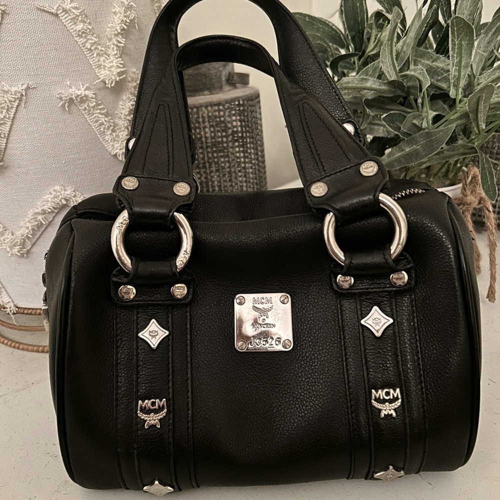 Super Cute  MCM Black Leather Satchel with Silver Accents